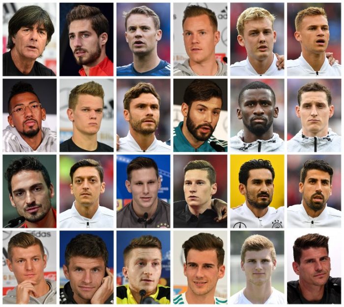 Bundestrainer Löw und seine 23 Nationalspieler des endgültigen WM-Kaders. / AFP PHOTO 